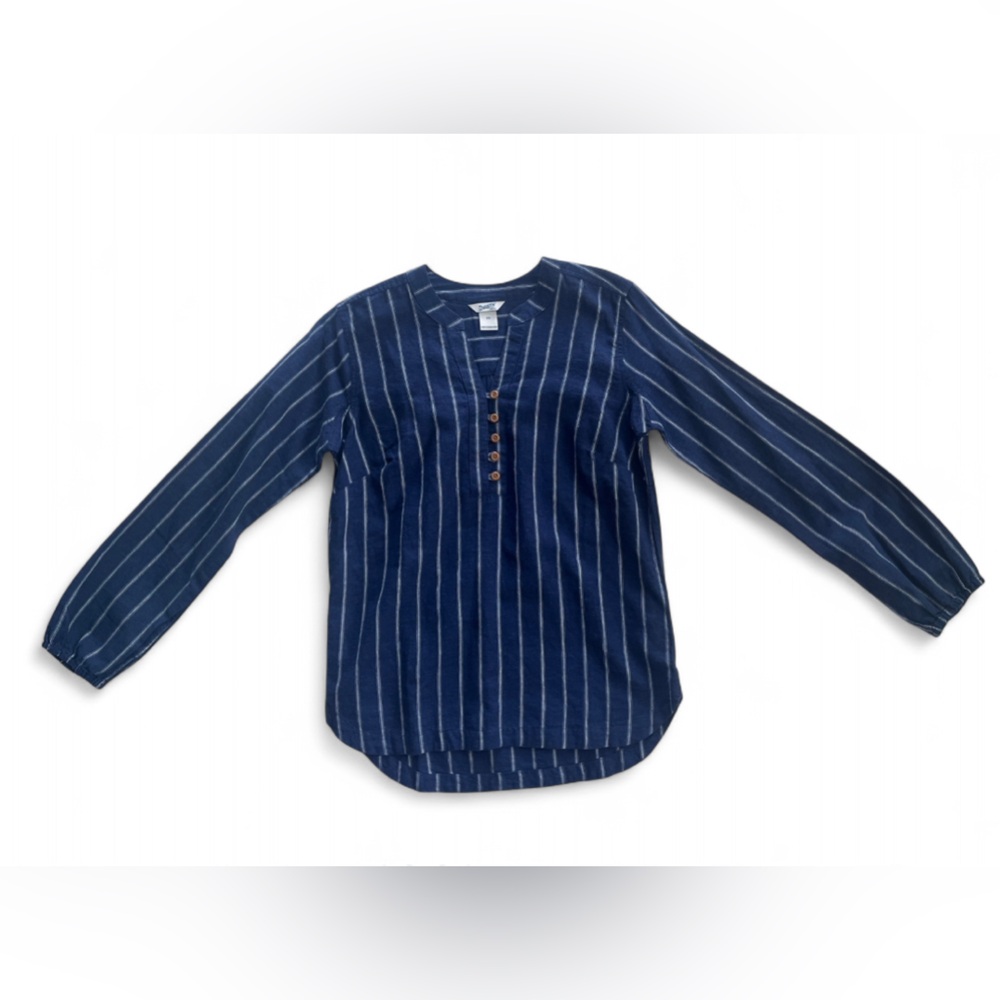 Duluth Trading Artisan Hemp+Cotton Half Button L/S Tunic - Navy and White Stripe